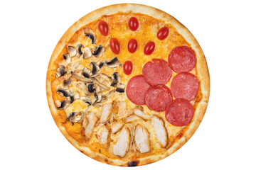Pizza with chicken, mushrooms, tomatoes, sausage and cheese. View from above. On a white isolated background