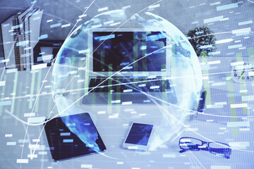 Double exposure of business theme icons and work space with computer background. Concept of success.