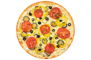 Pizza with tomatoes, eggplant, zucchini, olives, paprika and cheese. View from above. On a white isolated background