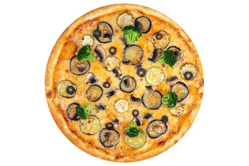 Pizza with eggplant, zucchini, olives, broccoli, mushrooms and cheese. View from above. On a white isolated background