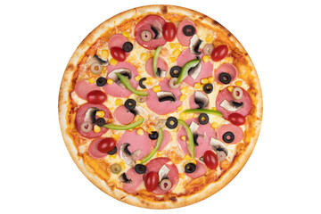 Pizza with sausage, olives, paprika, mushrooms, cherry tomatoes and cheese. View from above. On a white isolated background