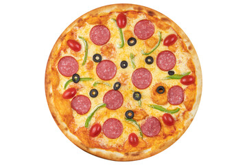 Pizza with salami, olives, paprika, mushrooms, cherry tomatoes and cheese. View from above. On a white isolated background
