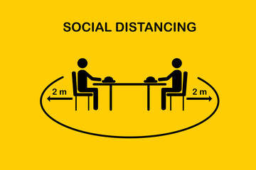 Restaurant and social distancing concept.People sitting in restaurant eating food with table seating arrangements in Canteen.Keep Safe Distance 2 meter.New normal icon vector.Flat Sign and symbol.