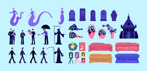 Death and funeral flat color vector objects set
