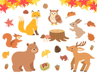 秋の森と動物達のイラストセット