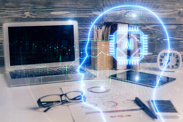 Double exposure of desktop computer and human brain drawing hologram. Ai concept.