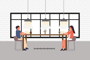 Food and drink and social distancing concept.Couple man and woman sitting in cafe restaurant eating food with table shield to protect infection from coronavirus. New normal Flat Vector Illustration.