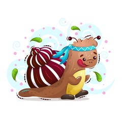 Cute snail athlete runs cross. Vector illustration for children in the style of cartoon