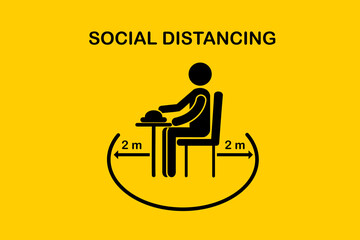 Restaurant and social distancing Coronavirus COVID-19 pandemic concept.People holding food sitting in Canteen that one people sit on the one table.Keep Safe Distance 2 meter.New normal icon vector.