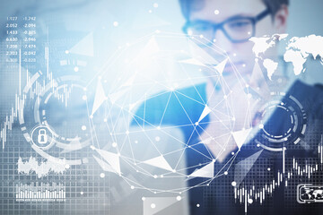 Thoughtful man in glasses, global infographics