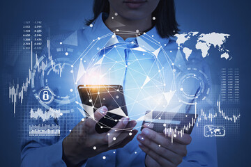 Woman with phone and credit card, infographics