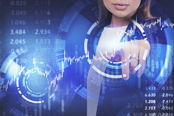 Woman working with financial chart HUD interface