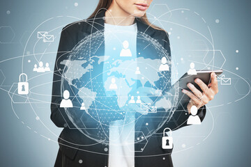 Woman with tablet, global HR interface