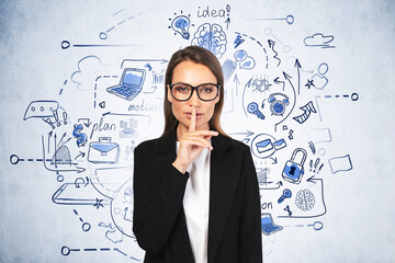 Woman making hush sign, business plan