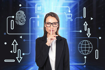 Engineer making hush sign, cyber security