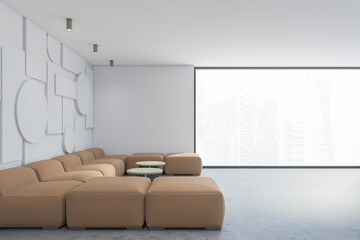 Geometric white living room, beige sofa, side view