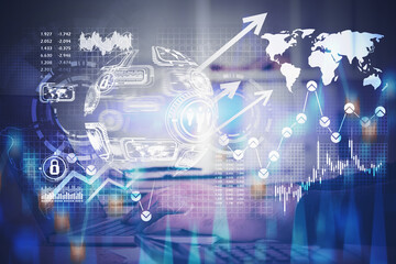 Man hands typing, global infographics