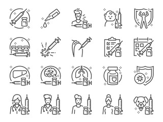 Vaccination line icon set. Included icons as vaccine, inoculation, antivirus, medicine, immune system,  immunity, prevent diseases and more.