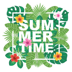 Summer time vector illustration. Logo, banner, label, badge with tropical leaves and flowers. © Jellicle