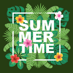 Summer time vector illustration. Logo, banner, label, badge with tropical leaves and flowers. © Jellicle