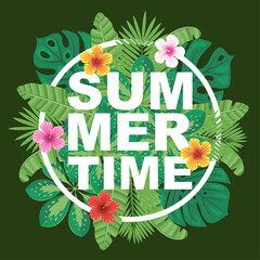 Summer time vector illustration. Logo, banner, label, badge with tropical leaves and flowers. © Jellicle
