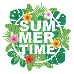 Summer time vector illustration. Logo, banner, label, badge with tropical leaves and flowers. © Jellicle