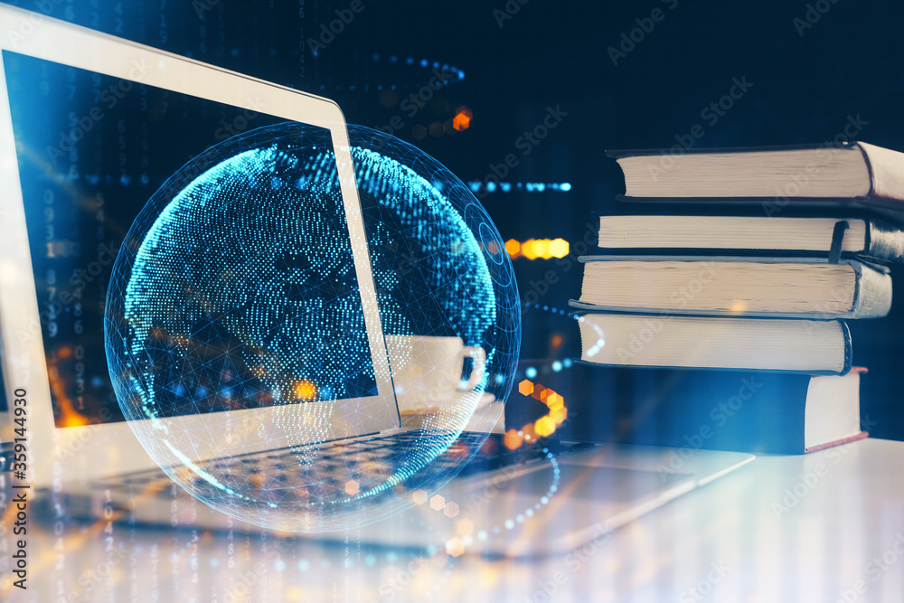 Aufkleber Double exposure of desktop with computer and world map hologram. International data network concept.