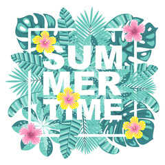 Summer time vector illustration. Logo, banner, label, badge with tropical leaves and flowers. © Jellicle