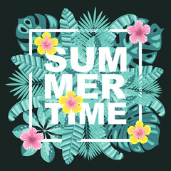 Summer time vector illustration. Logo, banner, label, badge with tropical leaves and flowers. © Jellicle