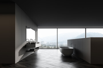 Panoramic grey bathroom with tub and sink