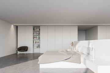 Fototapeta na wymiar White master bedroom interior with bookcase