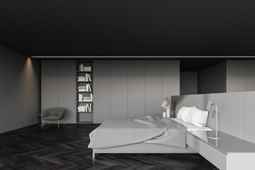 Grey master bedroom interior with bookcase