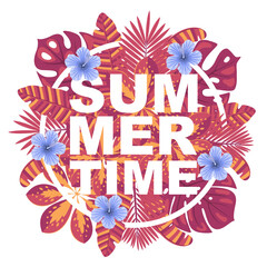 Summer time vector illustration. Logo, banner, label, badge with tropical leaves and flowers. © Jellicle