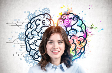 Smiling woman, left and right brain sketch