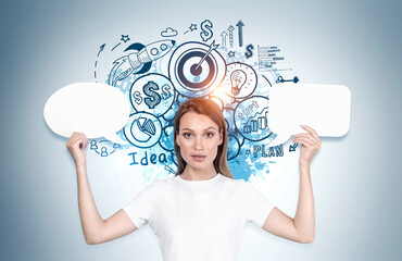 Woman with speech bubbles, business goal sketch