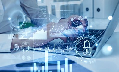 Woman hands typing on laptop, business infographic