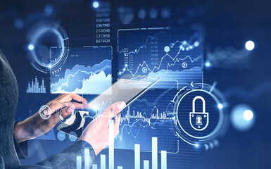 Woman using tablet, business infographics