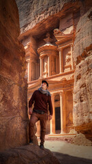Man in Petra exploring the rocks in front of the Treasury