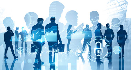 Business people in city, infographics interface