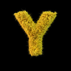 Capital letter Y. Uppercase. Yellow fluffy font on black background. 3D