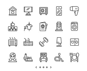hotel facility and service line icons set