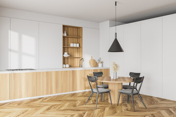 White and wooden kitchen and dining room