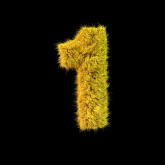 Number 1. Digital sign. Yellow fluffy font on black background. 3D