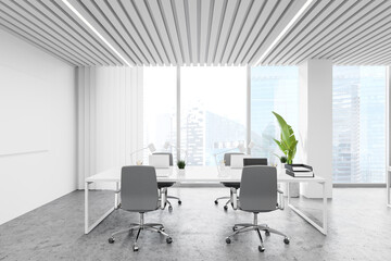 Fototapeta na wymiar Workplace in white panoramic office