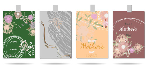 Set of Mother's day greeting card greeting cards with simple flowers. Vector illustration.