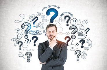 Thoughtful bearded businessman, question marks