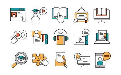 online education, website and mobile training courses icons set line and fill icon