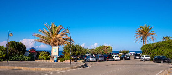 Port and yacht marina tourist area of San Teodoro resort town in Sardinia, Italy at Costa Smeralda coast of Tyrrhenian Sea - obrazy, fototapety, plakaty