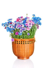 Wooden basket with beautiful cornflowers isolated on white background