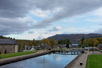 View of the Caledonian Canal where it enters Loch Ness at Fort Augustus on the south west shores of Loch Ness